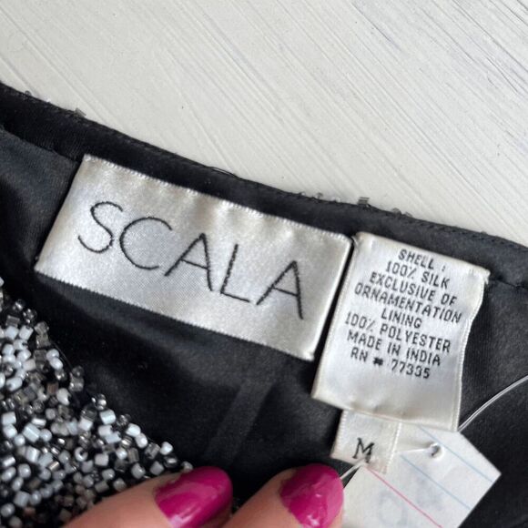 VTG Scala Beaded Silk One Shoulder Asymmetrical Top Black Silver M - Picture 3 of 16